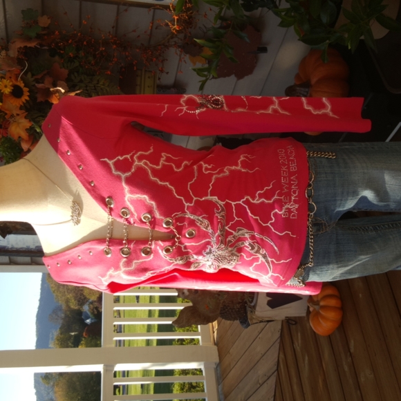 VANCE BIKERWEAR ♡ Pink L|S Spiders|Volts Graphics Studs|Rhinestones|Chains Top S - Picture 4 of 17